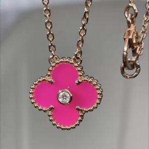 Premium 1:1 Van Cleef & Arpels Vintage Alhambra Raspberry Pink Sèvres Porcelain Necklace Replica – Custom Solid 18K Rose Gold