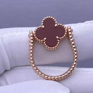 Premium 1:1 Van Cleef & Arpels Vintage Alhambra Reversible Ring, Carnelian, Diamond Replica – Custom Solid 18K Rose Gold