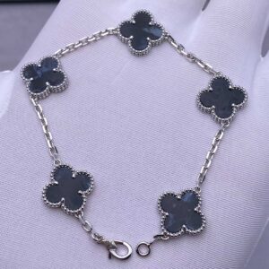 Premium 1:1 Van Cleef & Arpels Vintage Alhambra Bracelet, 5 Motifs, Natural Peterite Replica – Custom Solid 18K White Gold