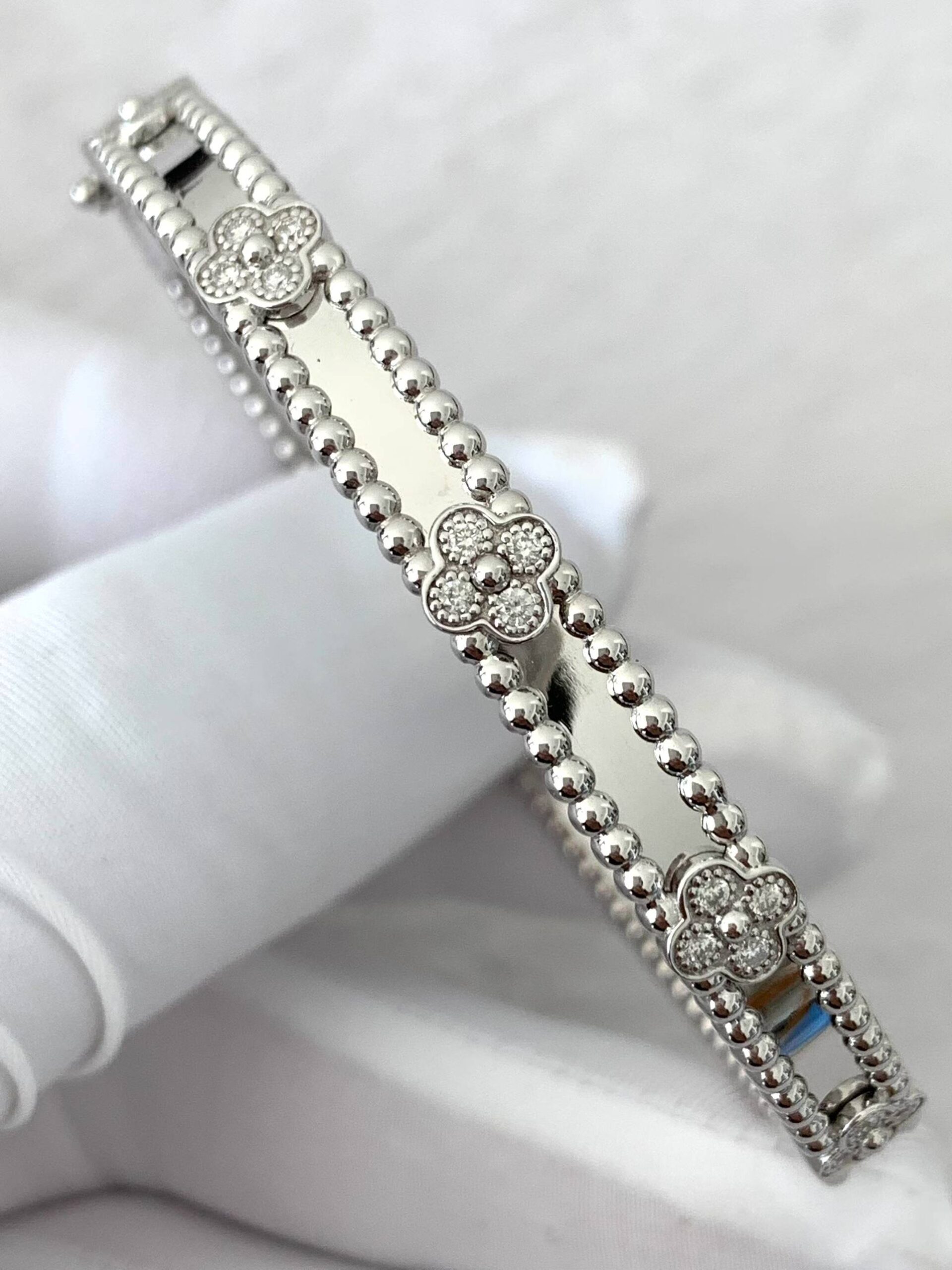 Premium 1:1 Van Cleef & Arpels Perlée Sweet Clovers Bracelet, Medium Model Diamond Replica – Custom Solid 18K White Gold