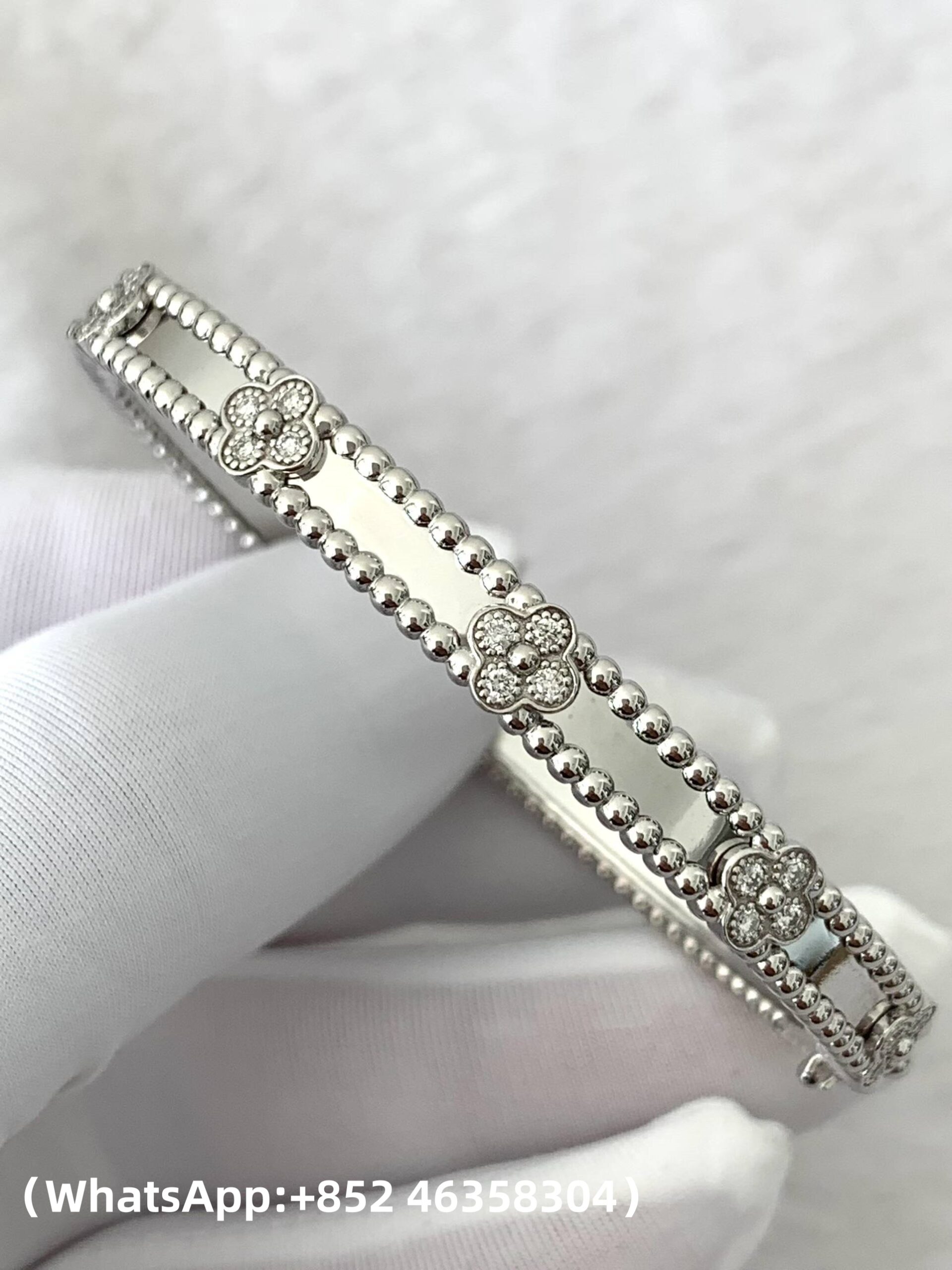 Premium 1:1 Van Cleef & Arpels Perlée Sweet Clovers Bracelet, Medium Model Diamond Replica – Custom Solid 18K White Gold