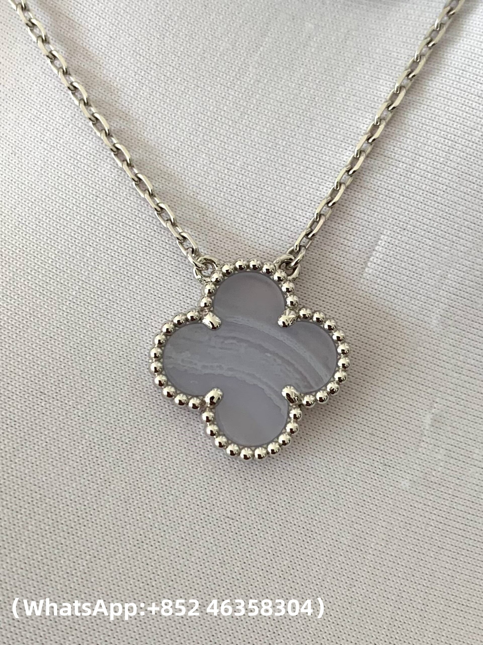 Premium 1:1 Van Cleef & Arpels Vintage Alhambra Pendant Chalcedony Replica – Custom Solid 18K White Gold