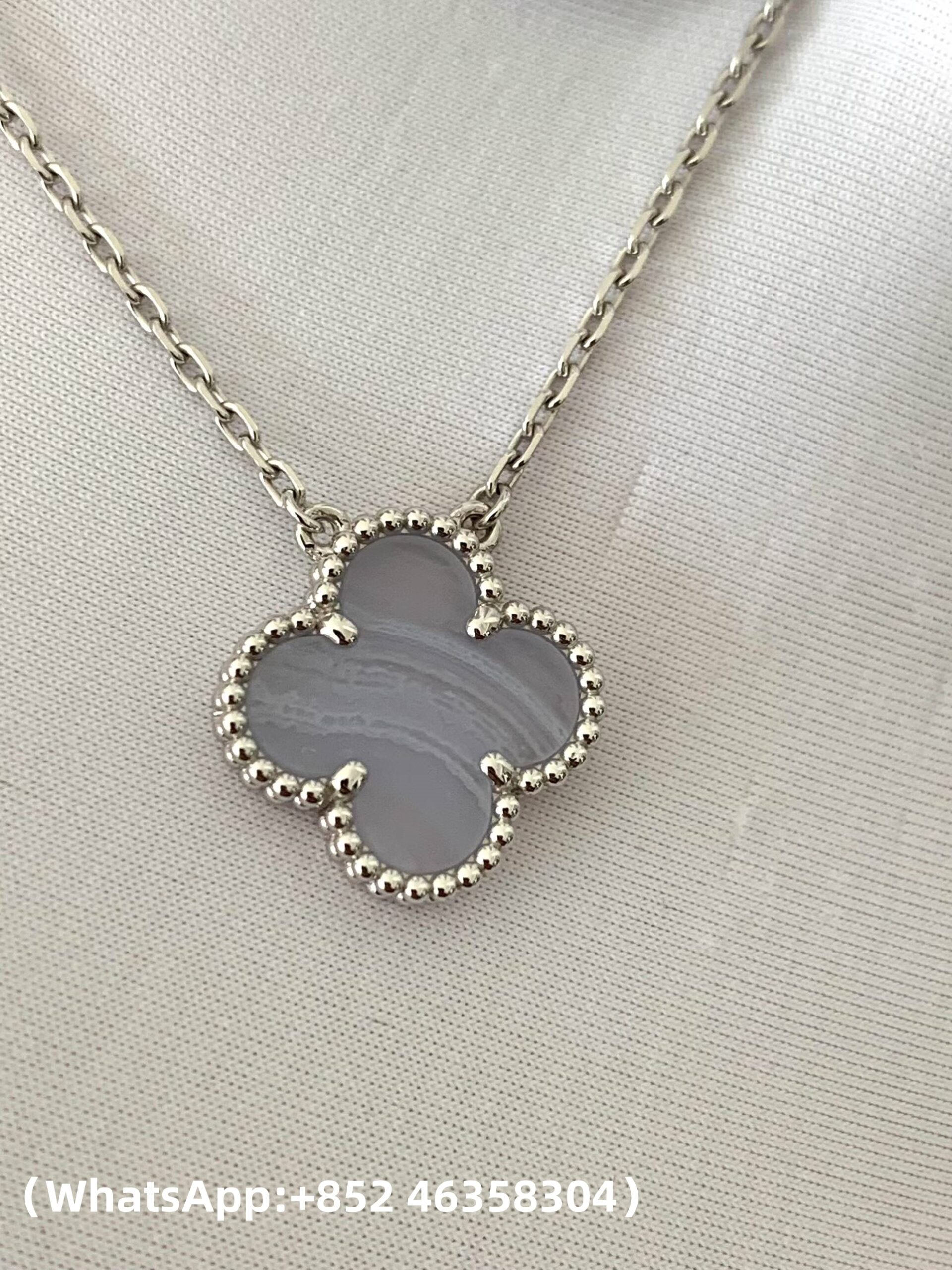 Premium 1:1 Van Cleef & Arpels Vintage Alhambra Pendant Chalcedony Replica – Custom Solid 18K White Gold