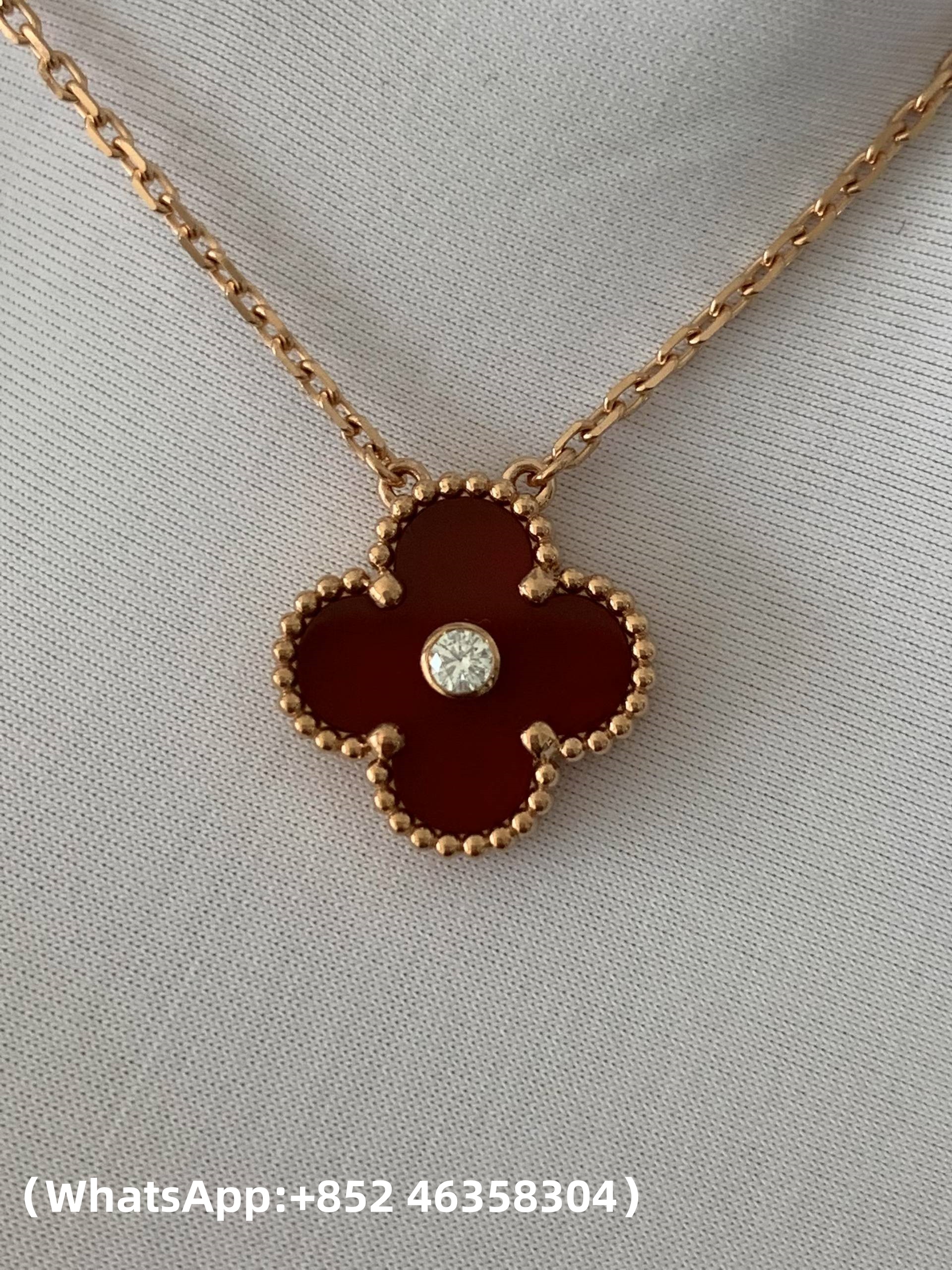 Premium 1:1 Van Cleef & Arpels Vintage Alhambra Pendant Carnelian with Diamond Replica – Custom Solid 18K Yellow Gold