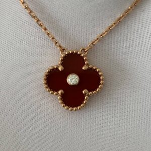 Premium 1:1 Van Cleef & Arpels Vintage Alhambra Pendant Carnelian with Diamond Replica – Custom Solid 18K Yellow Gold