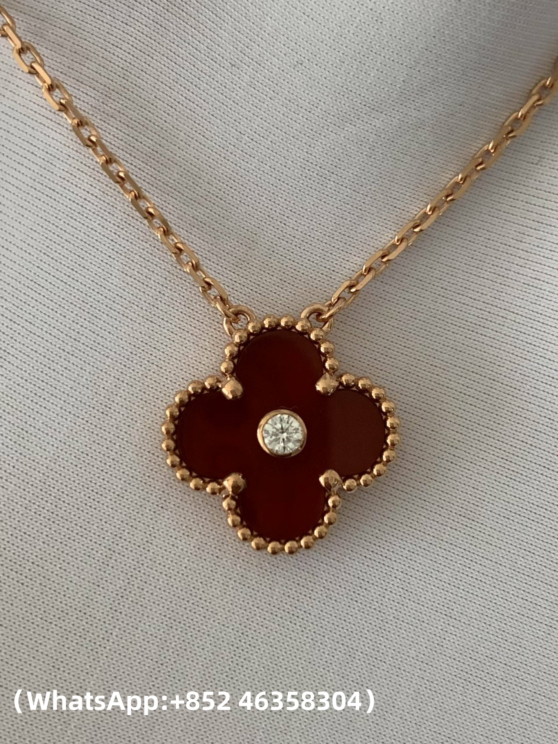 Premium 1:1 Van Cleef & Arpels Vintage Alhambra Pendant Carnelian with Diamond Replica – Custom Solid 18K Yellow Gold