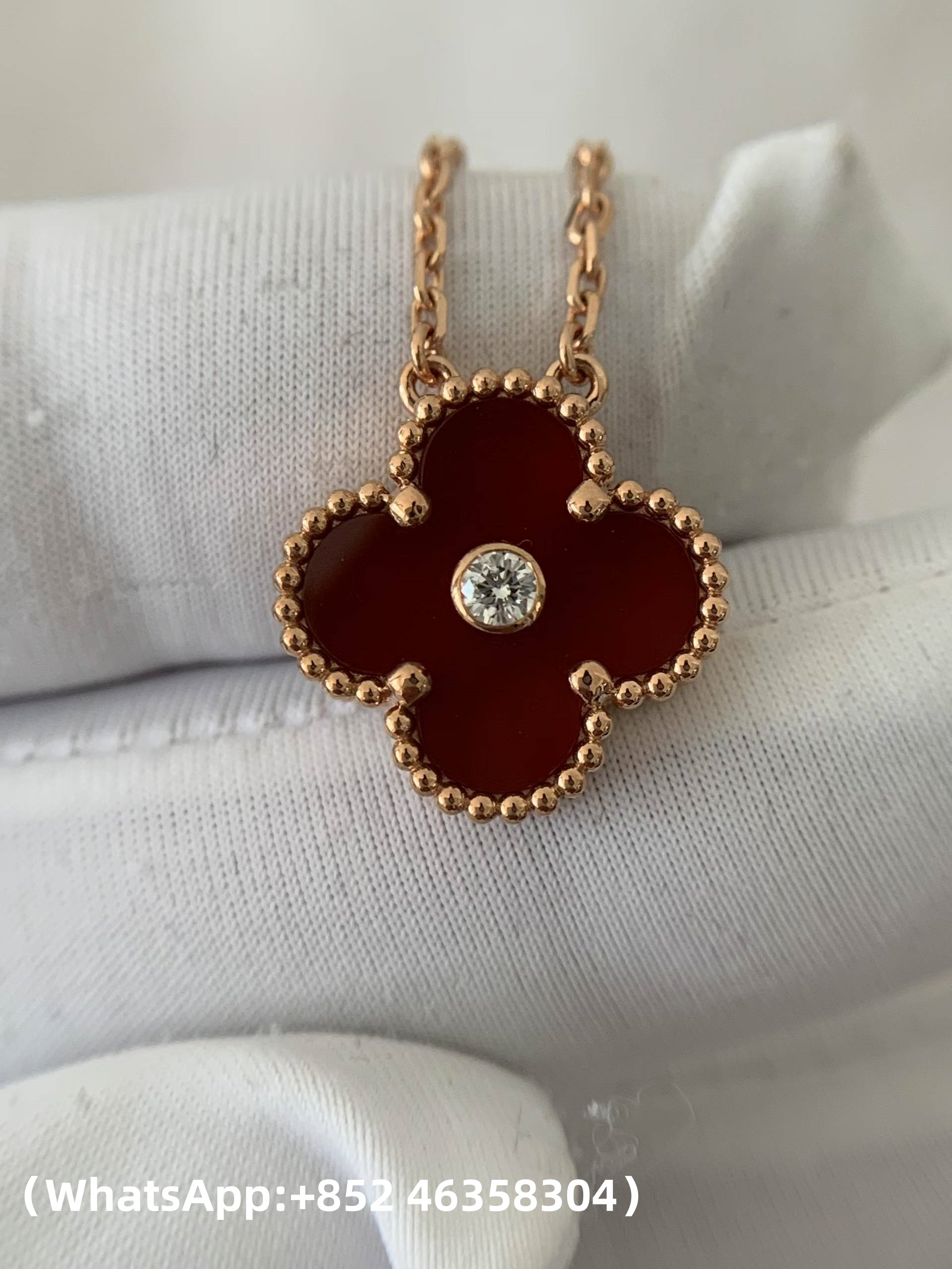 Premium 1:1 Van Cleef & Arpels Vintage Alhambra Pendant Carnelian with Diamond Replica – Custom Solid 18K Yellow Gold