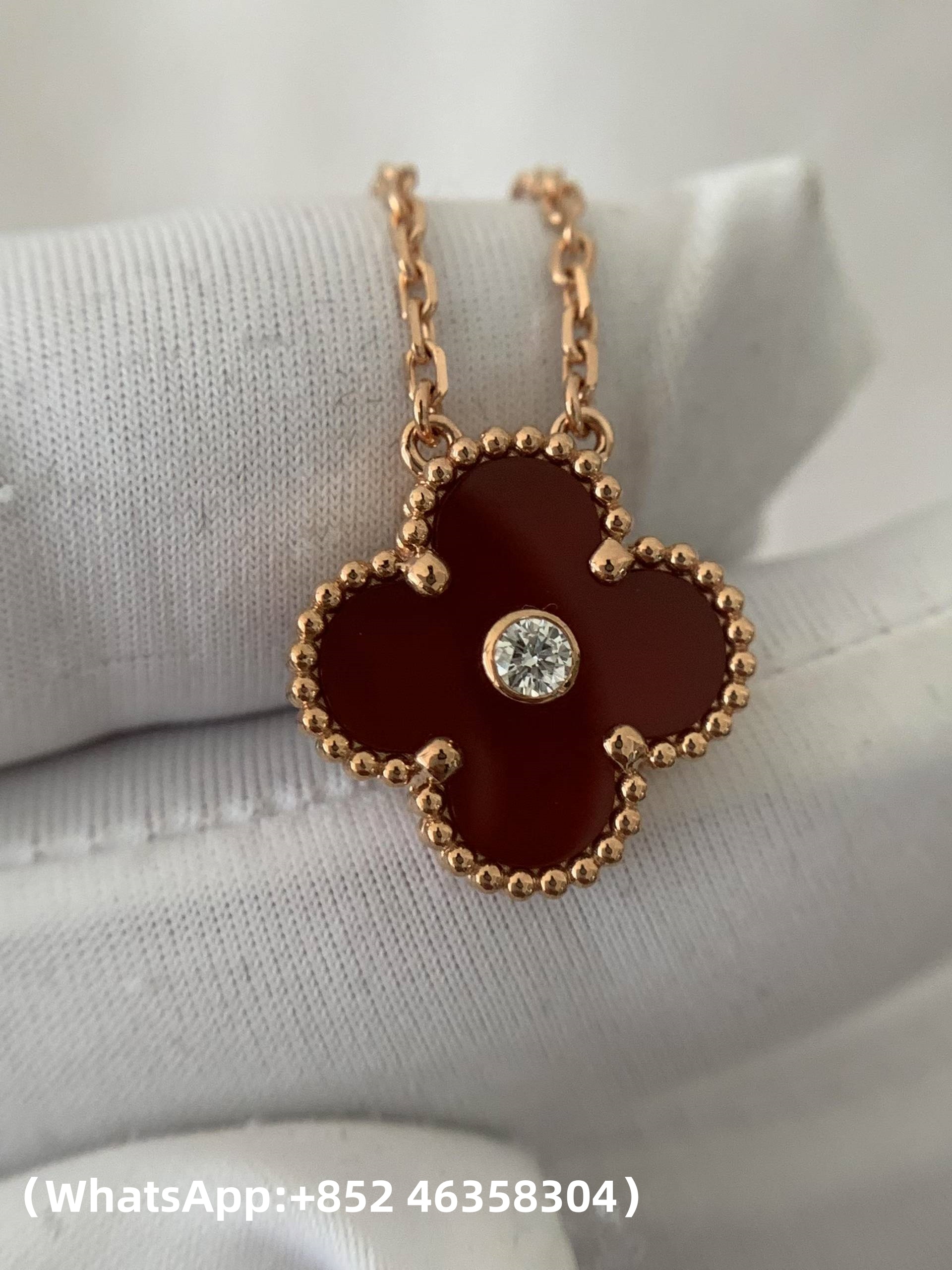 Premium 1:1 Van Cleef & Arpels Vintage Alhambra Pendant Carnelian with Diamond Replica – Custom Solid 18K Yellow Gold