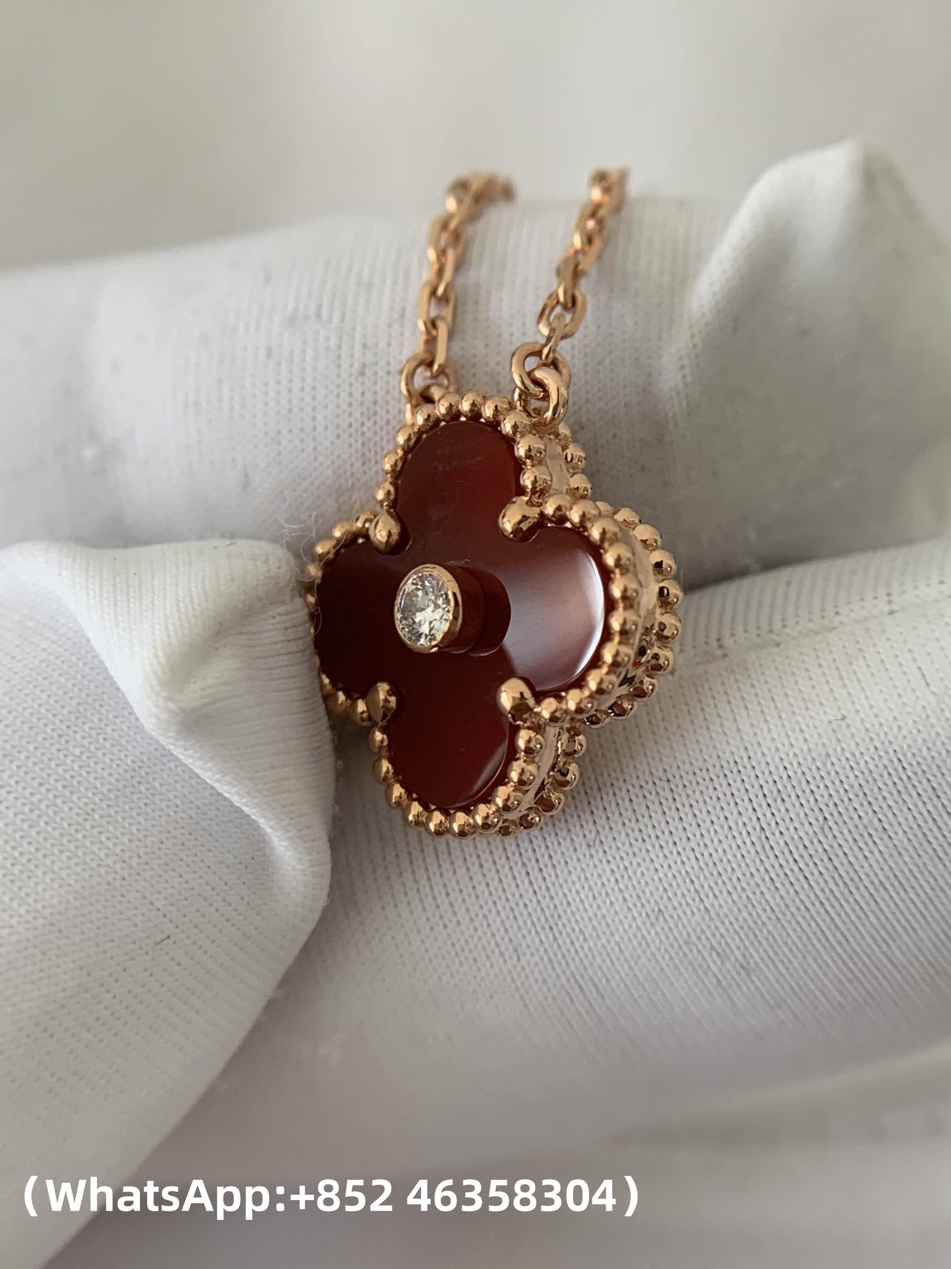 Premium 1:1 Van Cleef & Arpels Vintage Alhambra Pendant Carnelian with Diamond Replica – Custom Solid 18K Yellow Gold