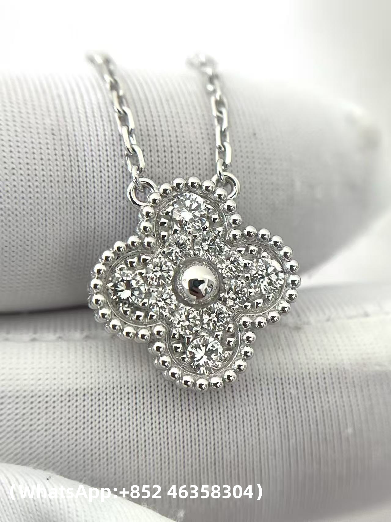 Premium 1:1 Van Cleef & Arpels Vintage Alhambra Pendant, Diamond Replica – Custom Solid 18K White Gold