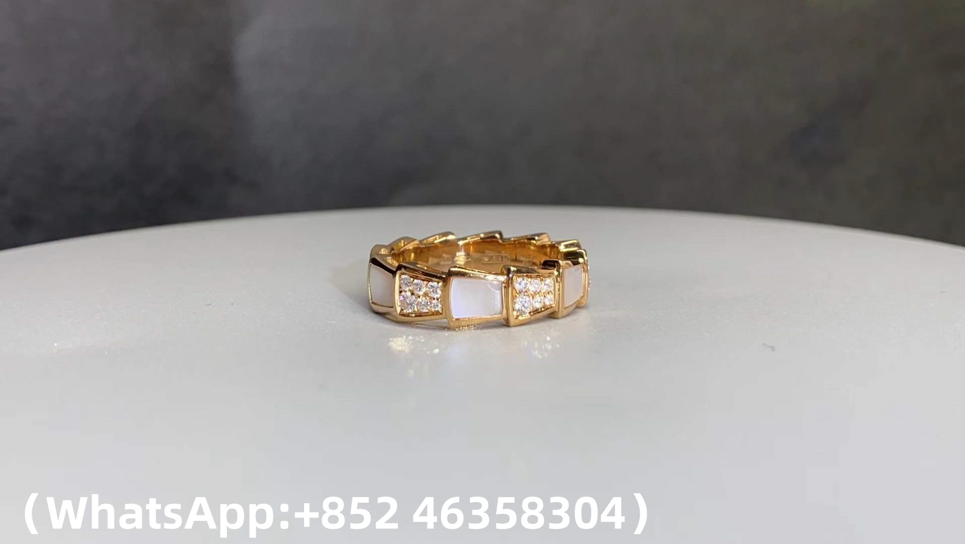 Custom Bvlgari Serpenti Viper Thick Band Ring Set with Pavé Diamonds and White Mother-of-Pearl Elements