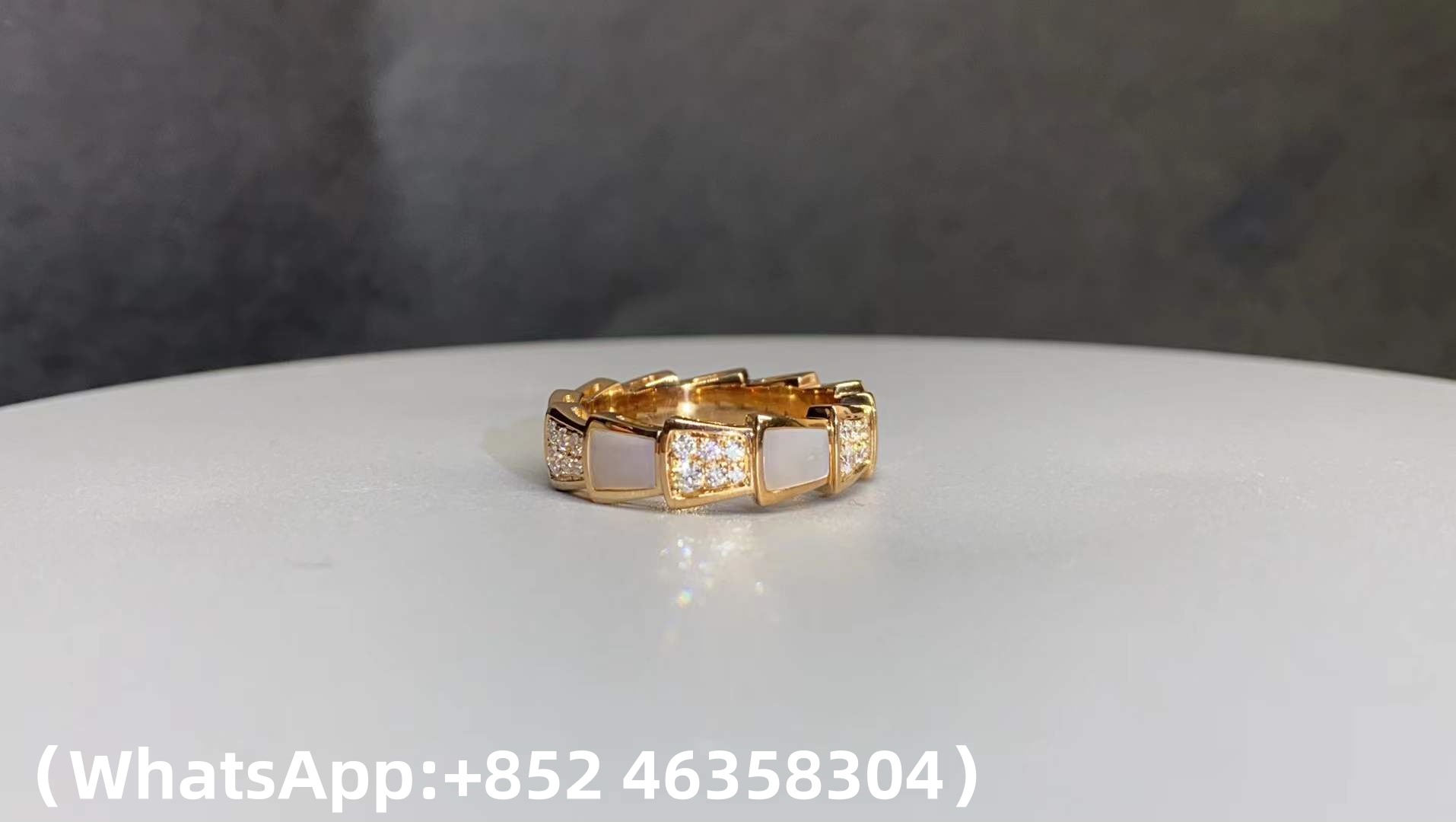 Custom Bvlgari Serpenti Viper Thick Band Ring Set with Pavé Diamonds and White Mother-of-Pearl Elements
