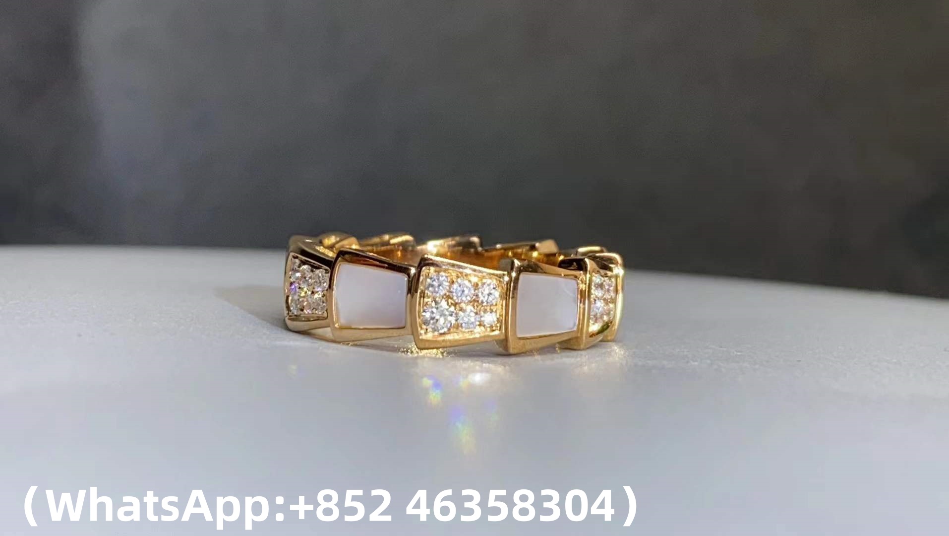 Custom Bvlgari Serpenti Viper Thick Band Ring Set with Pavé Diamonds and White Mother-of-Pearl Elements