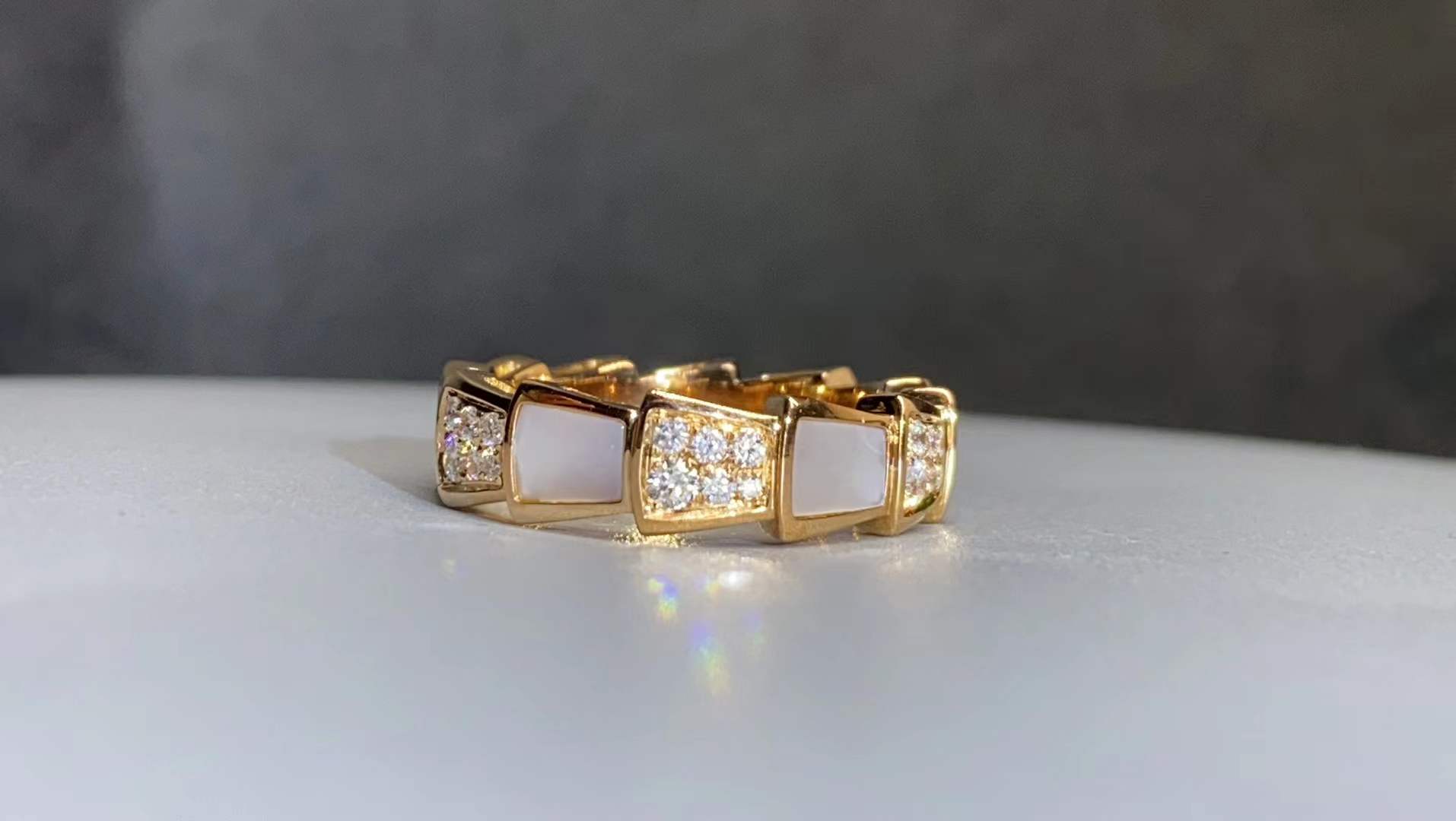 Custom Bvlgari Serpenti Viper Thick Band Ring Set with Pavé Diamonds and White Mother-of-Pearl Elements