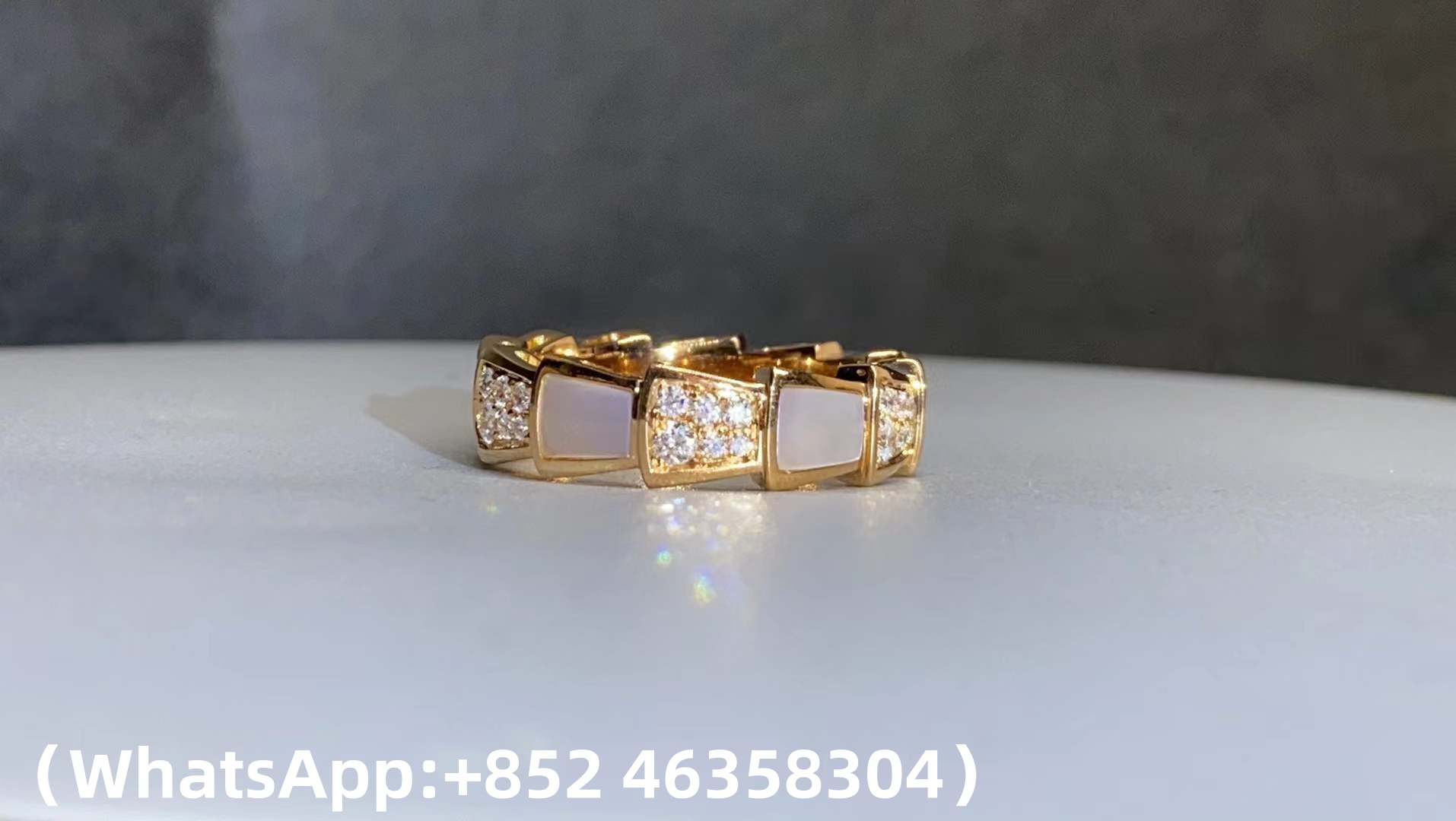 Custom Bvlgari Serpenti Viper Thick Band Ring Set with Pavé Diamonds and White Mother-of-Pearl Elements