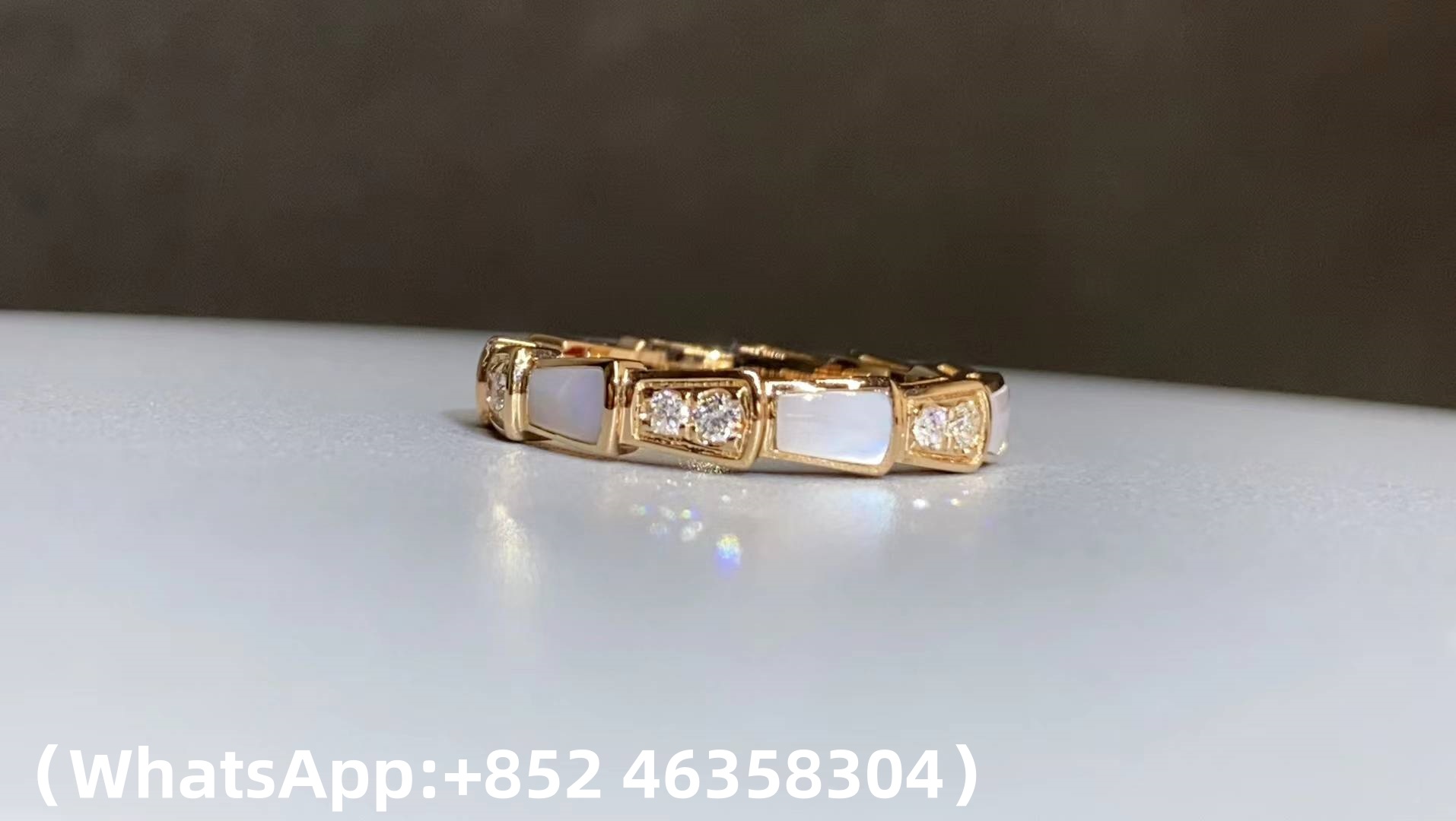 Custom Bvlgari Serpenti Viper Thick Band Ring Set with Pavé Diamonds and White Mother-of-Pearl Elements