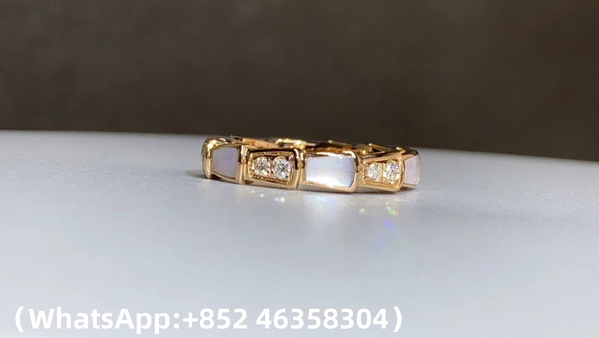 Custom Bvlgari Serpenti Viper Thick Band Ring Set with Pavé Diamonds and White Mother-of-Pearl Elements