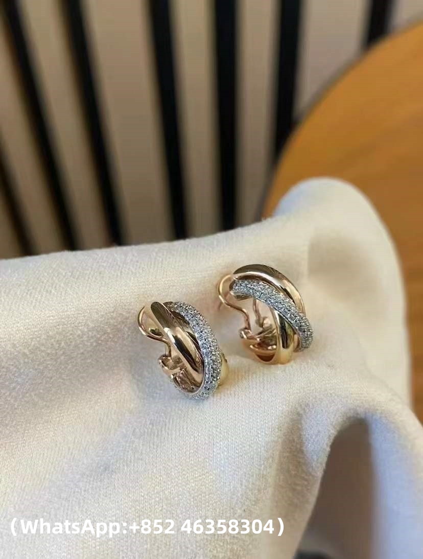 Custom Solid 18k Gold Cartier Trinity Earrings Classic Model Half-Paved