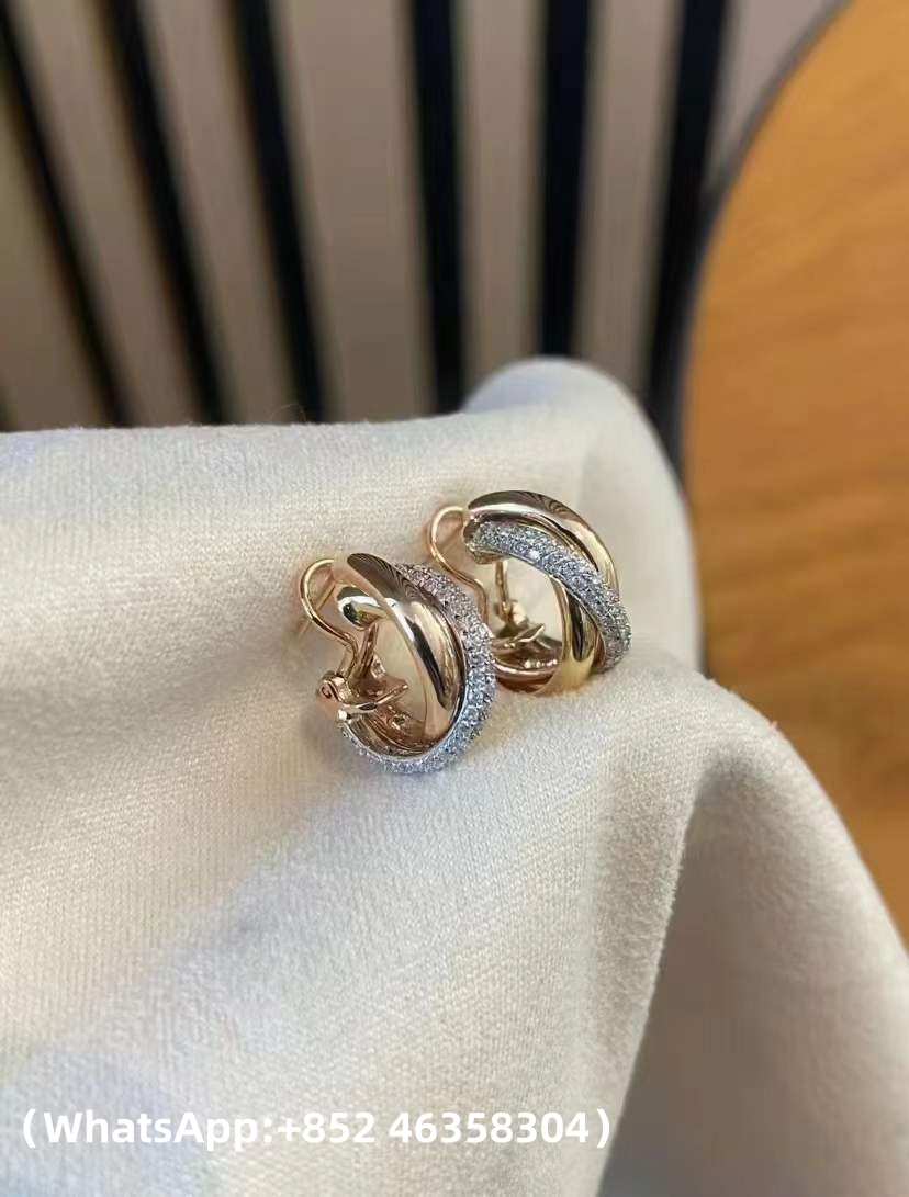 Custom Solid 18k Gold Cartier Trinity Earrings Classic Model Half-Paved