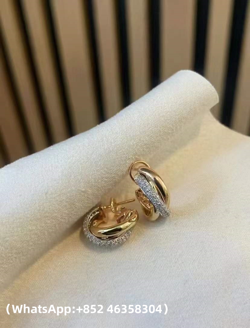 Custom Solid 18k Gold Cartier Trinity Earrings Classic Model Half-Paved