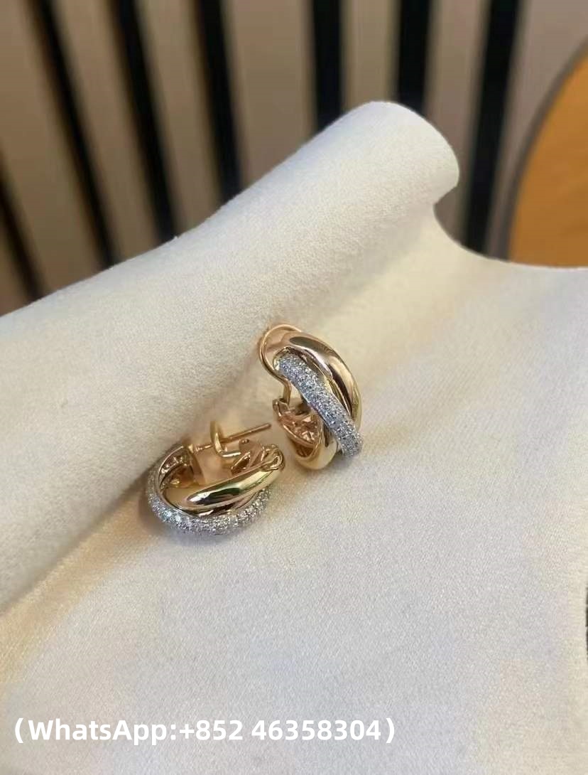 Custom Solid 18k Gold Cartier Trinity Earrings Classic Model Half-Paved