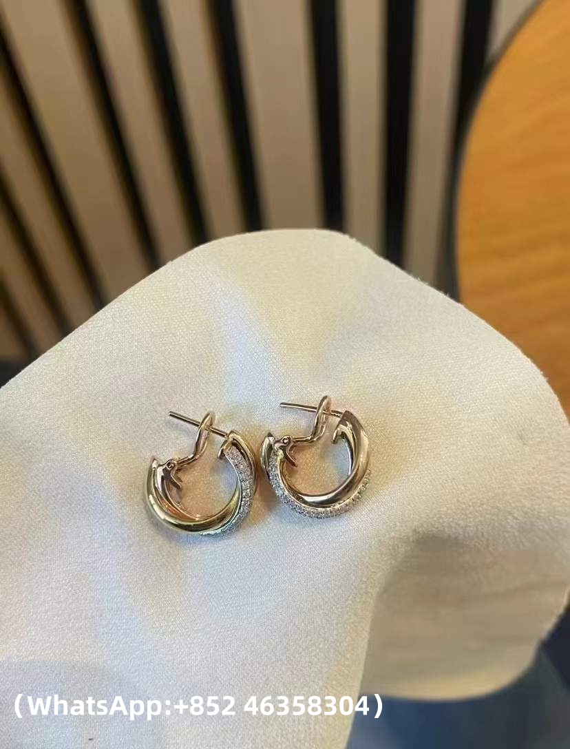 Custom Solid 18k Gold Cartier Trinity Earrings Classic Model Half-Paved