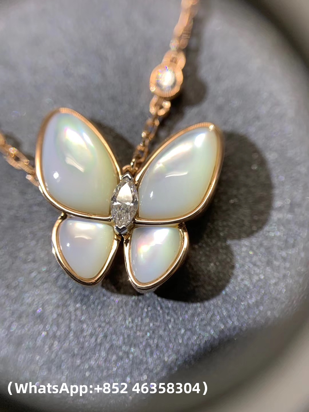Premium 1:1 Van Cleef & Arpels Two Butterfly Pendant, Diamond, Mother-of-pearl Replica - Custom Solid 18k Rose Gold