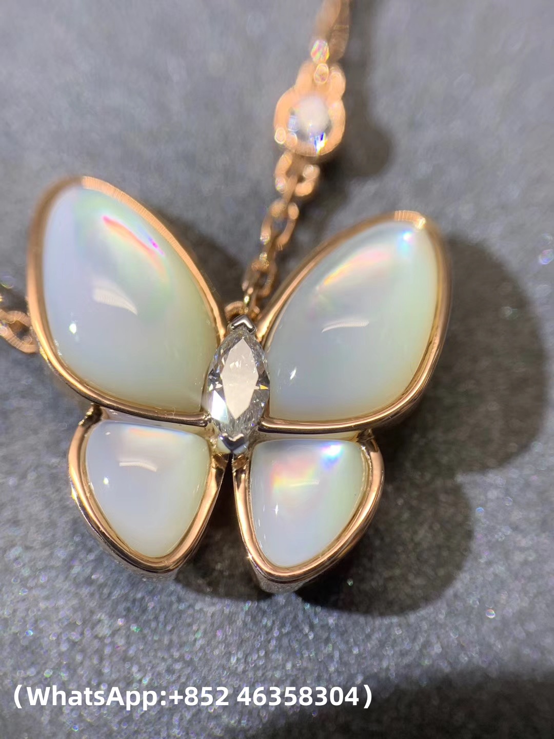 Premium 1:1 Van Cleef & Arpels Two Butterfly Pendant, Diamond, Mother-of-pearl Replica - Custom Solid 18k Rose Gold