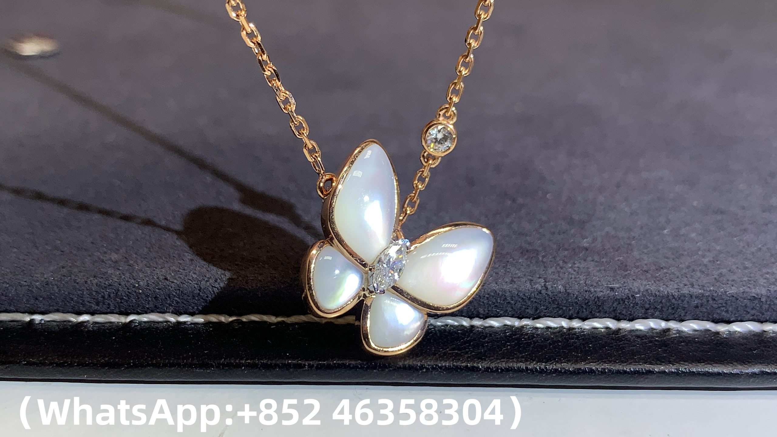 Premium 1:1 Van Cleef & Arpels Two Butterfly Pendant, Diamond, Mother-of-pearl Replica - Custom Solid 18k Rose Gold