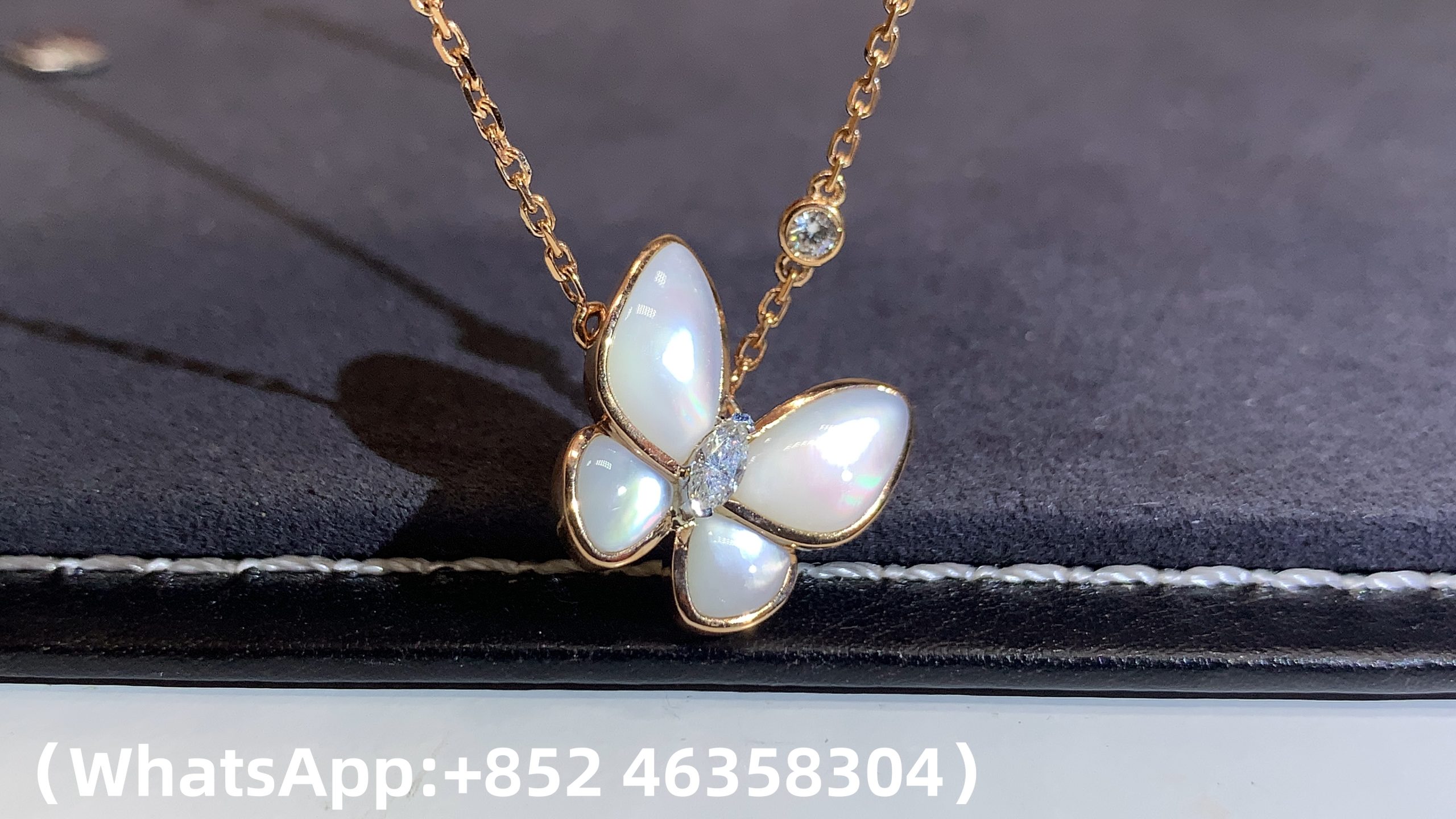Premium 1:1 Van Cleef & Arpels Two Butterfly Pendant, Diamond, Mother-of-pearl Replica - Custom Solid 18k Rose Gold