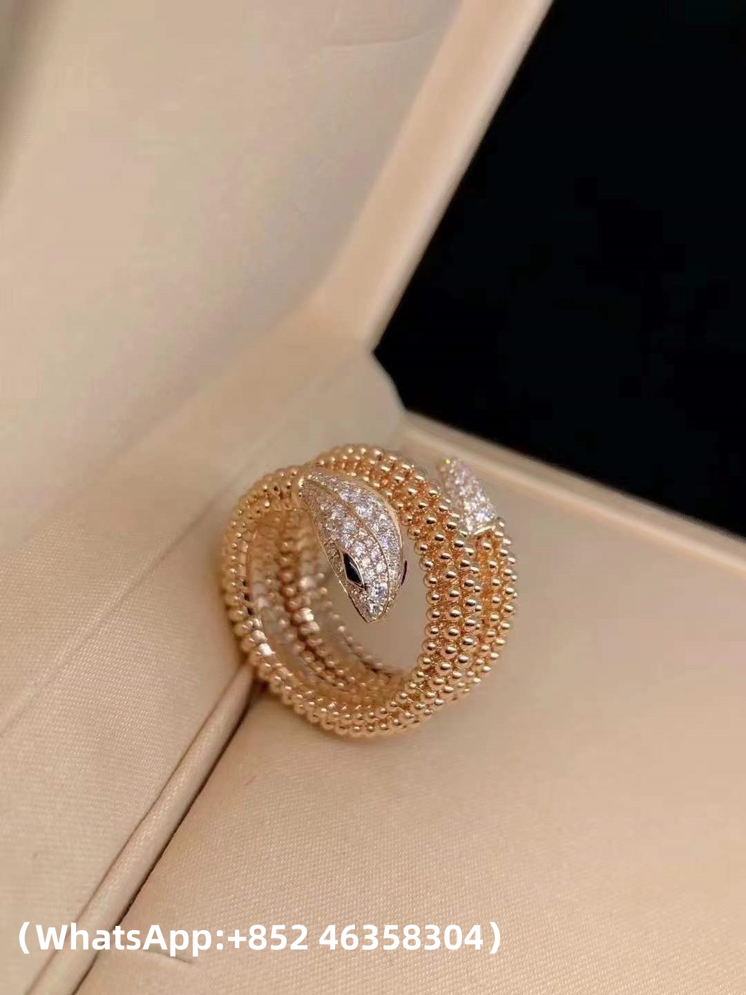 Custom Solid 18k Gold Bulgari Jewelry Serpenti Two-Coil Ring Set with Pavé Diamonds on the Head and Tail And Black Onyx Eyes