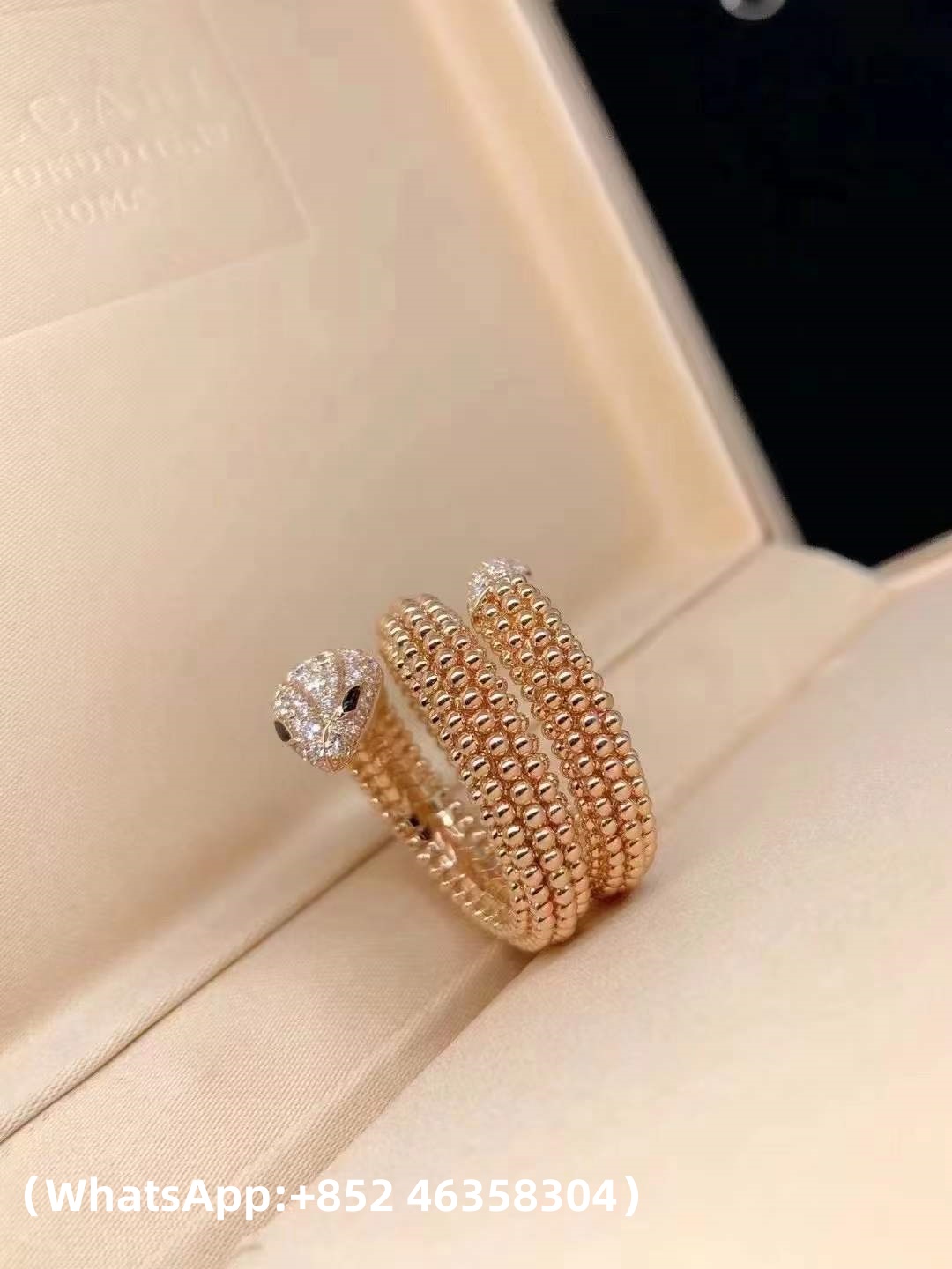 Custom Solid 18k Gold Bulgari Jewelry Serpenti Two-Coil Ring Set with Pavé Diamonds on the Head and Tail And Black Onyx Eyes
