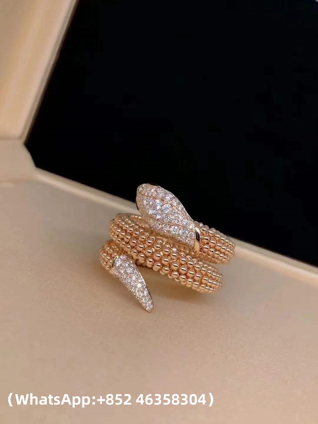 Custom Solid 18k Gold Bulgari Jewelry Serpenti Two-Coil Ring Set with Pavé Diamonds on the Head and Tail And Black Onyx Eyes