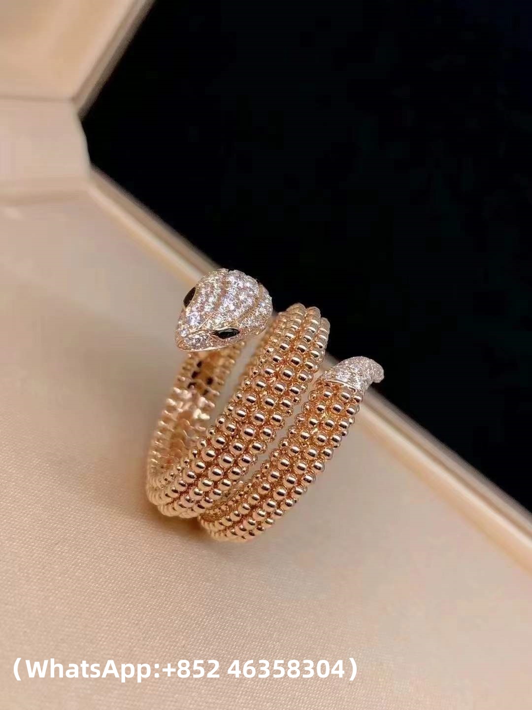 Custom Solid 18k Gold Bulgari Jewelry Serpenti Two-Coil Ring Set with Pavé Diamonds on the Head and Tail And Black Onyx Eyes