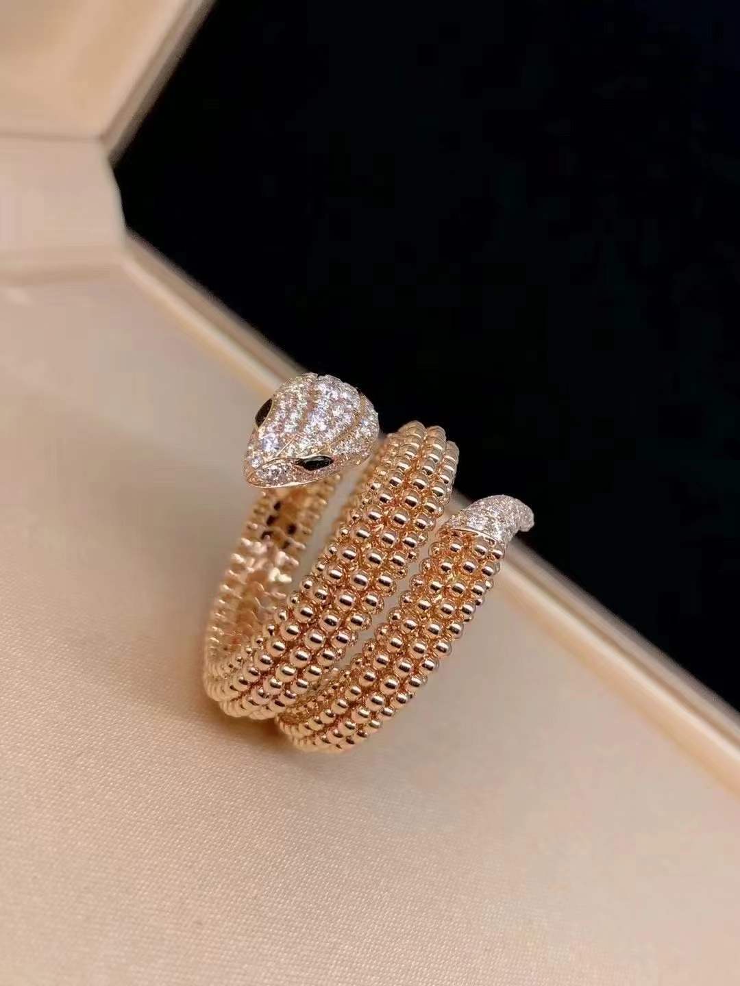 Custom Solid 18k Gold Bulgari Jewelry Serpenti Two-Coil Ring Set with Pavé Diamonds on the Head and Tail And Black Onyx Eyes