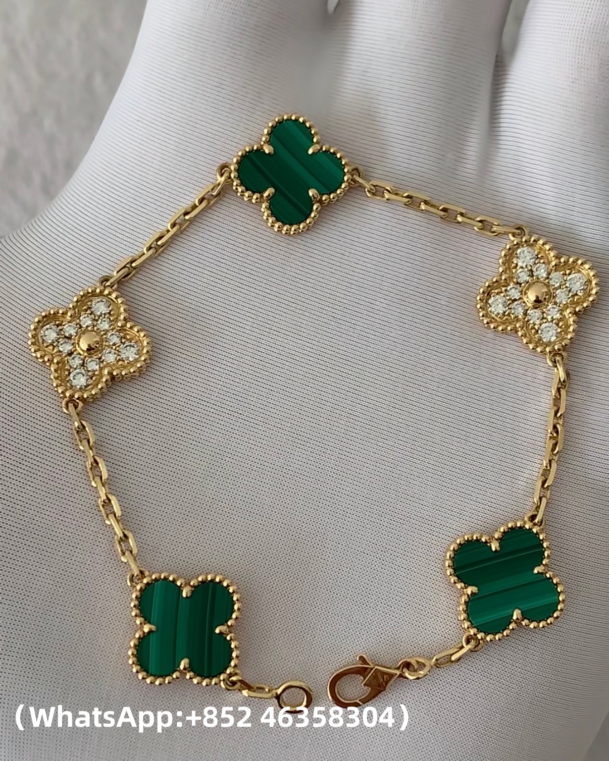 Custom Van Cleef & Arpels Vintage Alhambra Bracelet 5 motifs Diamond Malachite