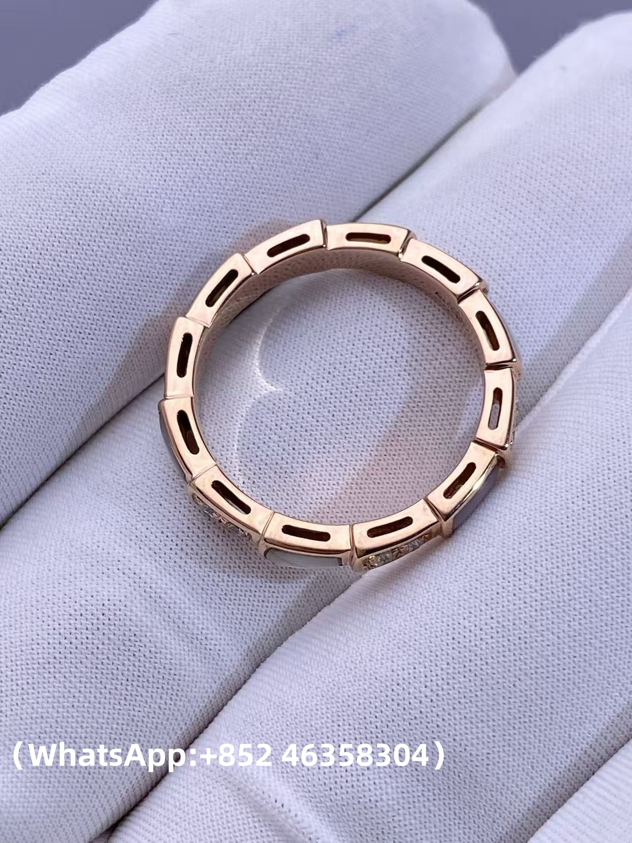 Custom Solid 18k Gold Bulgari Jewelry Serpenti Viper Thin Band Ring Set with Demi Pavé Diamonds and White Mother-of-Pearl Elements